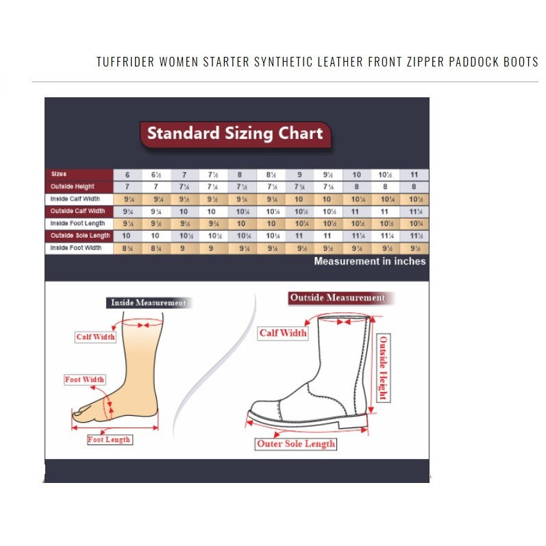 TuffRider® Women's Starter Synthetic Leather Front Zipper Paddock Boots Size Guide