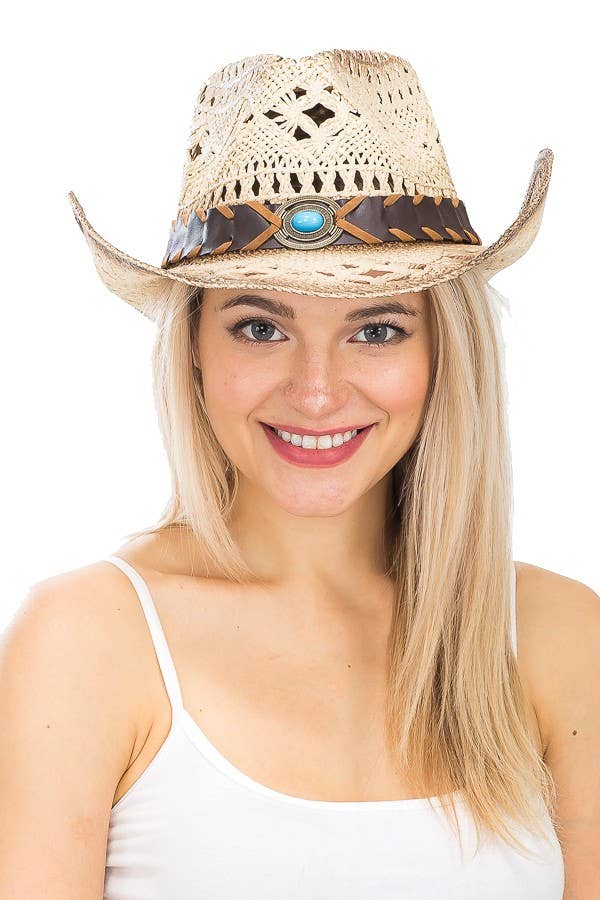 Turquoise Brown Band Concho Cowboy Hat front view on model