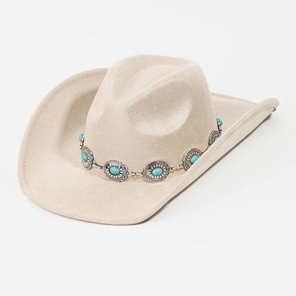 Turquoise Oval Stone Strap Western Cowboy Hat Ivory