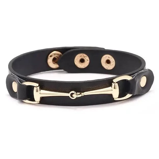 Vegan Leather Gold Snaffle Bit Bracelet - Black 