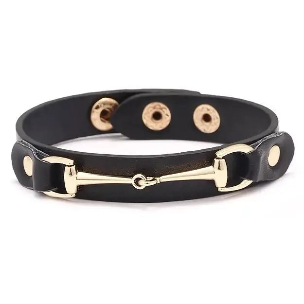 Vegan Leather Gold Snaffle Bit Bracelet - Black 