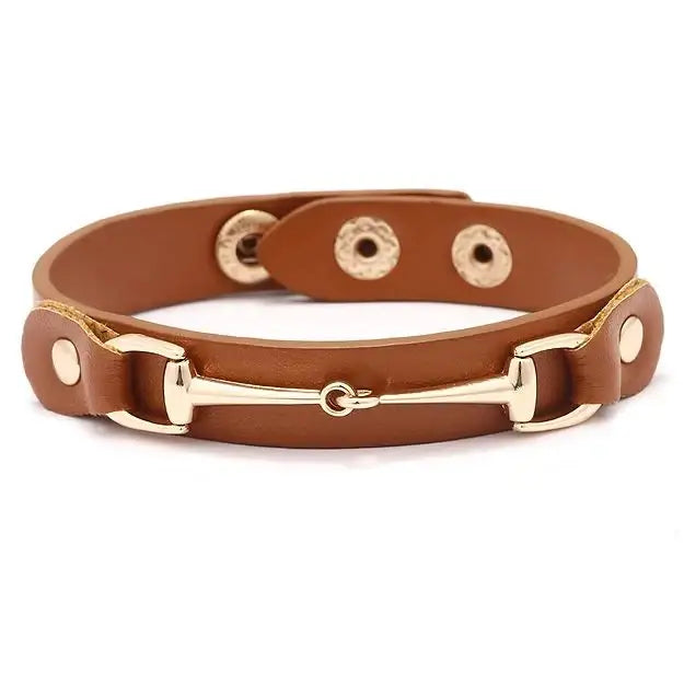 Vegan Leather Gold Snaffle Bit Bracelet BROWN