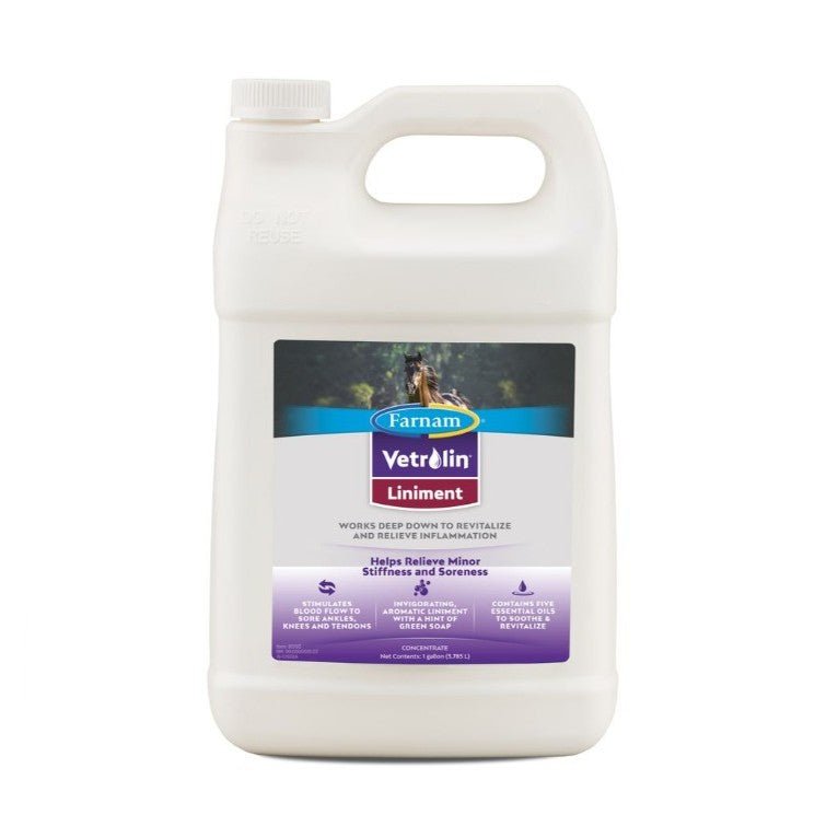 Vetrelin Liniment gallon bottle with  Farnam logo on a white background