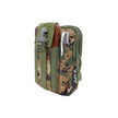 Green digital Camouflage pouch with multiple compartments and tools shown as example use