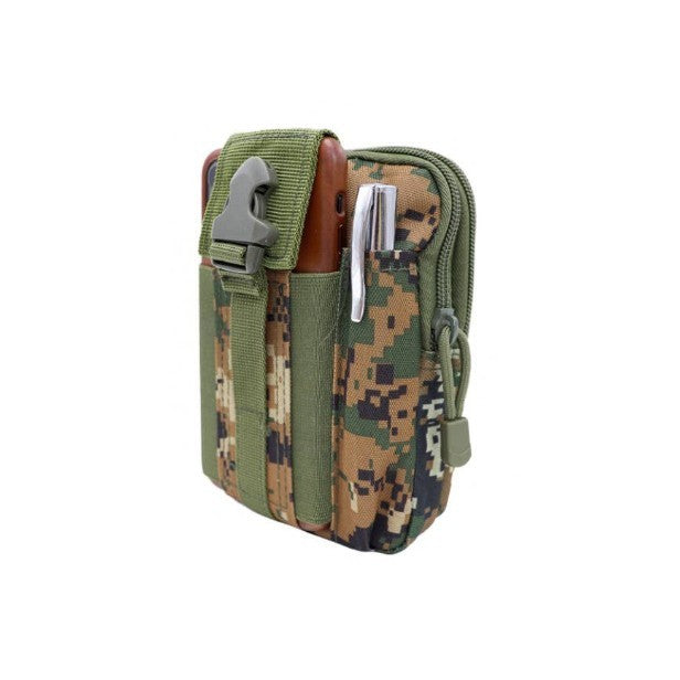 Green digital Camouflage pouch with multiple compartments and tools shown as example use