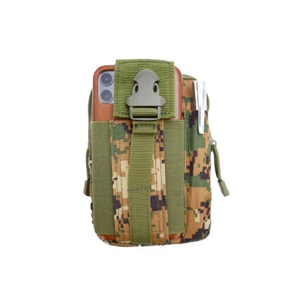 Green digital Camouflage phone case with a clip on a white background