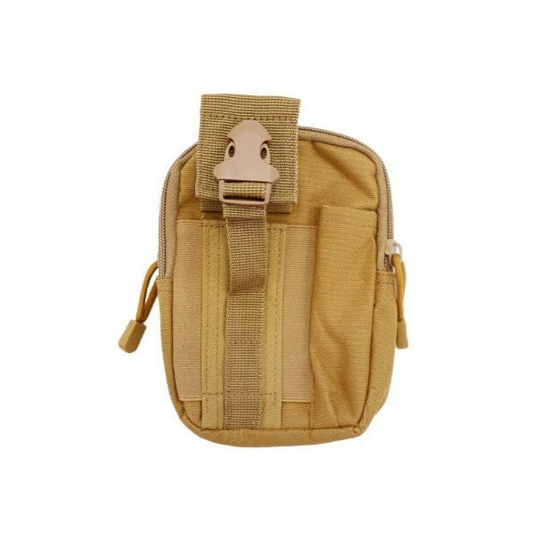 Khaki tactical pouch with a strap on a white background