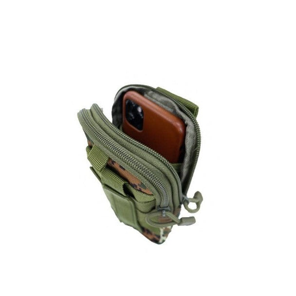 Green digital tactical pouch with a phone inside, phone not included, shown for example use.