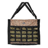 Weaver Slow Feed Hay Bag with leopard print top section and black sides filled with hay, on a white background.