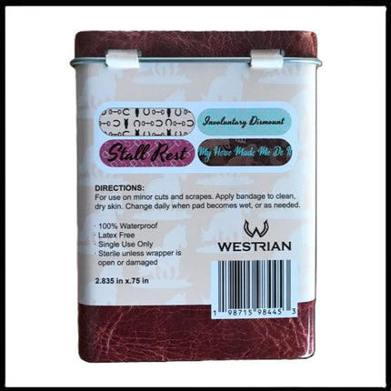 Western Equestrian Horse Themed Fabric Bandages in Tin Box Back label details.