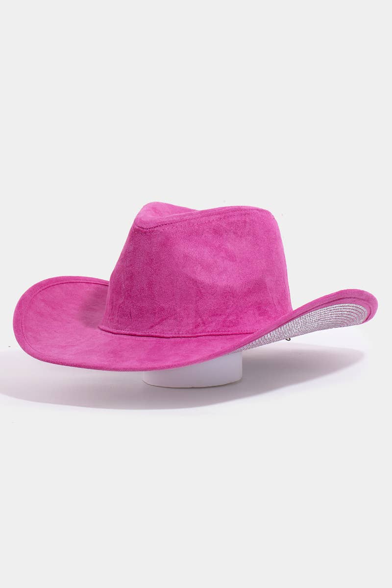 Western Studded Rhinestone Brim Cowboy Hat Fuscia front view