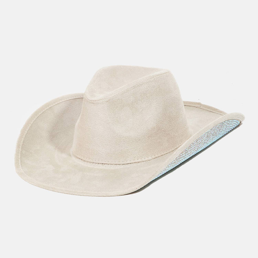 Western Studded Rhinestone Brim Cowboy Hat Ivory front view on table