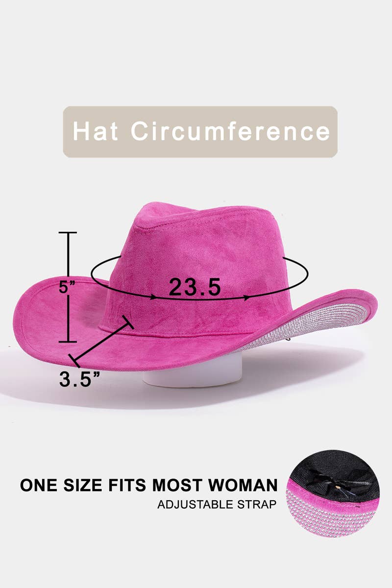 Western Studded Rhinestone Brim Cowboy Hat measurement details of one size fits most.