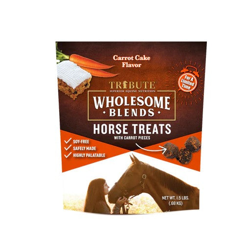Tribute Carrot Cake Wholesome Blends® Horse Treats front label 1.5 pound pouch
