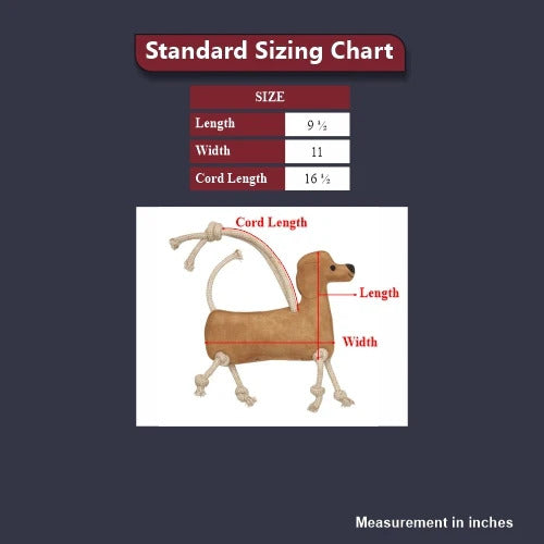 sizing chart for a dog shaped horse toy with measurements in inches.