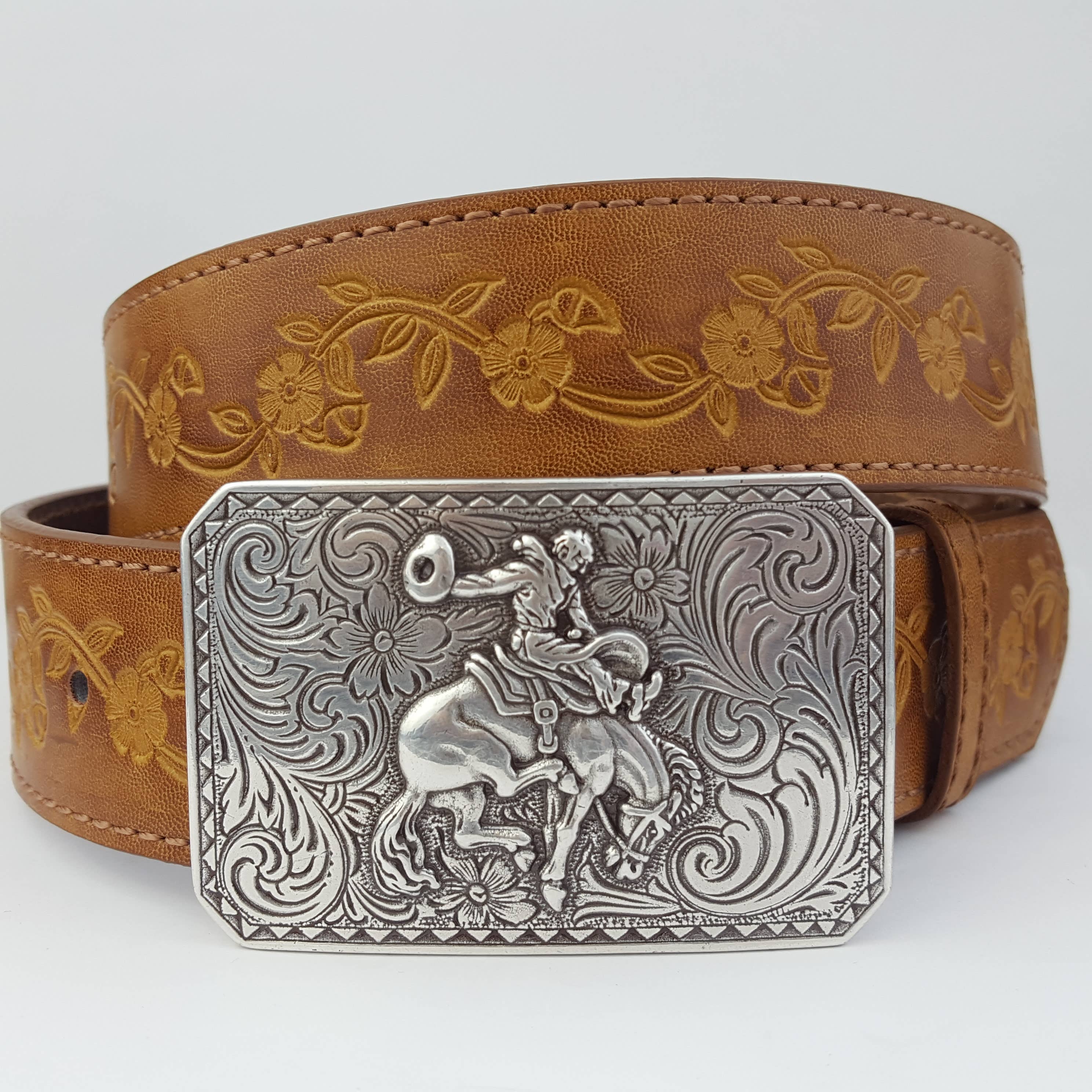 Axesoria West - Silver Rodeo Buckle with Vintage floral tooled belt