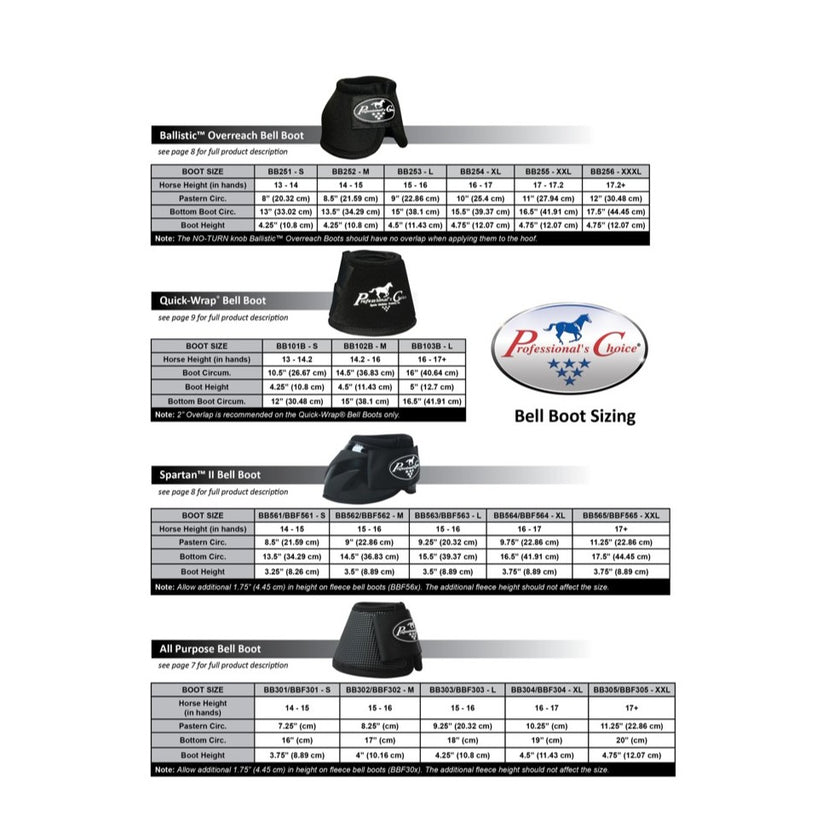 Professional's Choice Bell Boot sizing chart for various types.