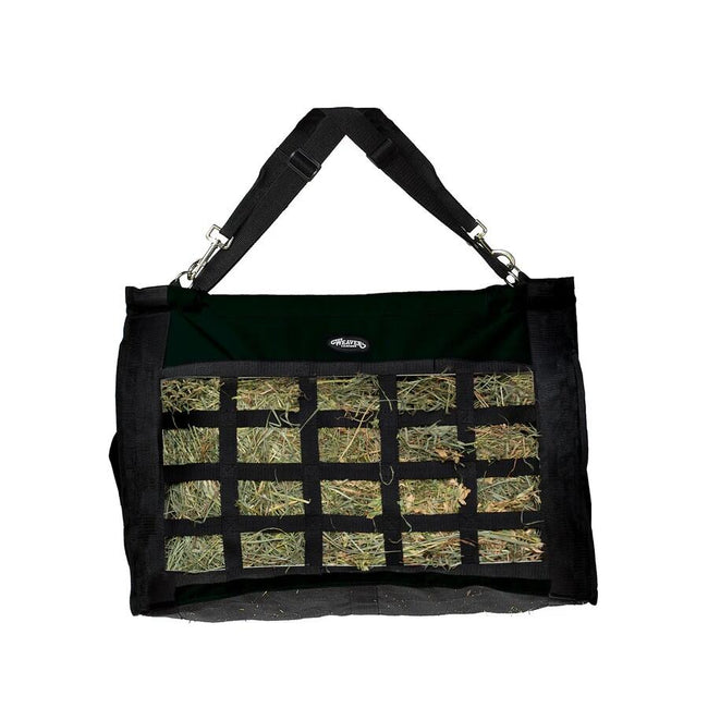 Black Weaver Slow Feed Hay Bag with compartments filled with hay on a white background