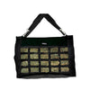 Black Weaver Slow Feed Hay Bag with compartments filled with hay on a white background