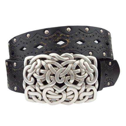 Axesoria West - Western Knotted Heart Buckle on a studded belt