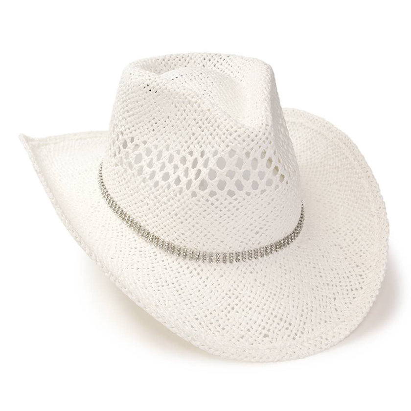 WE White Straw Western Hat w/ Rhinestone Band
