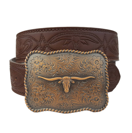 Axesoria West - Copper Western Long Horn Buckle w. matching tooled belt