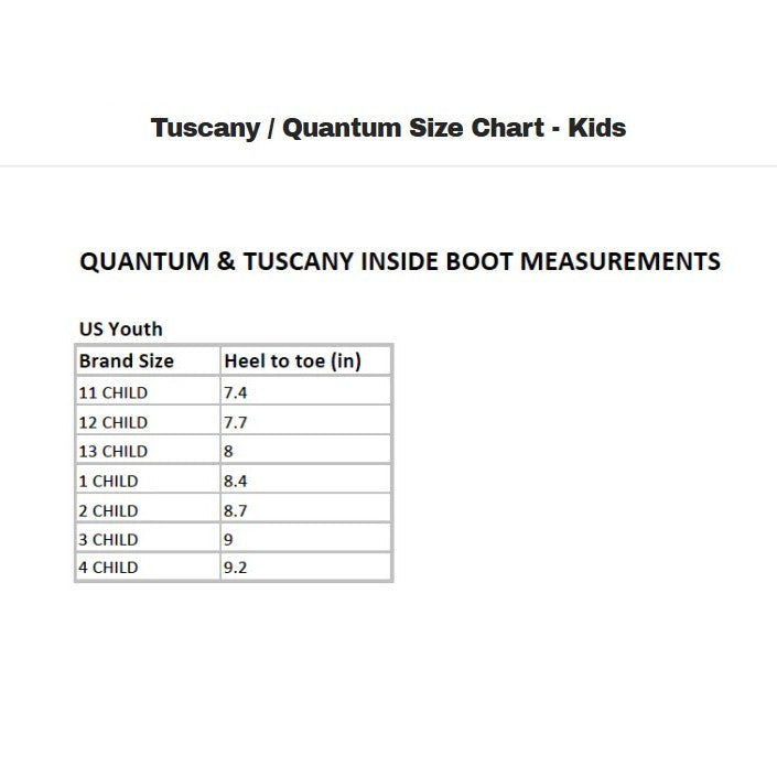 Child's Tuscany Zip Paddock Boots size chart showing Brand size with equivalent heel to toe length in inches