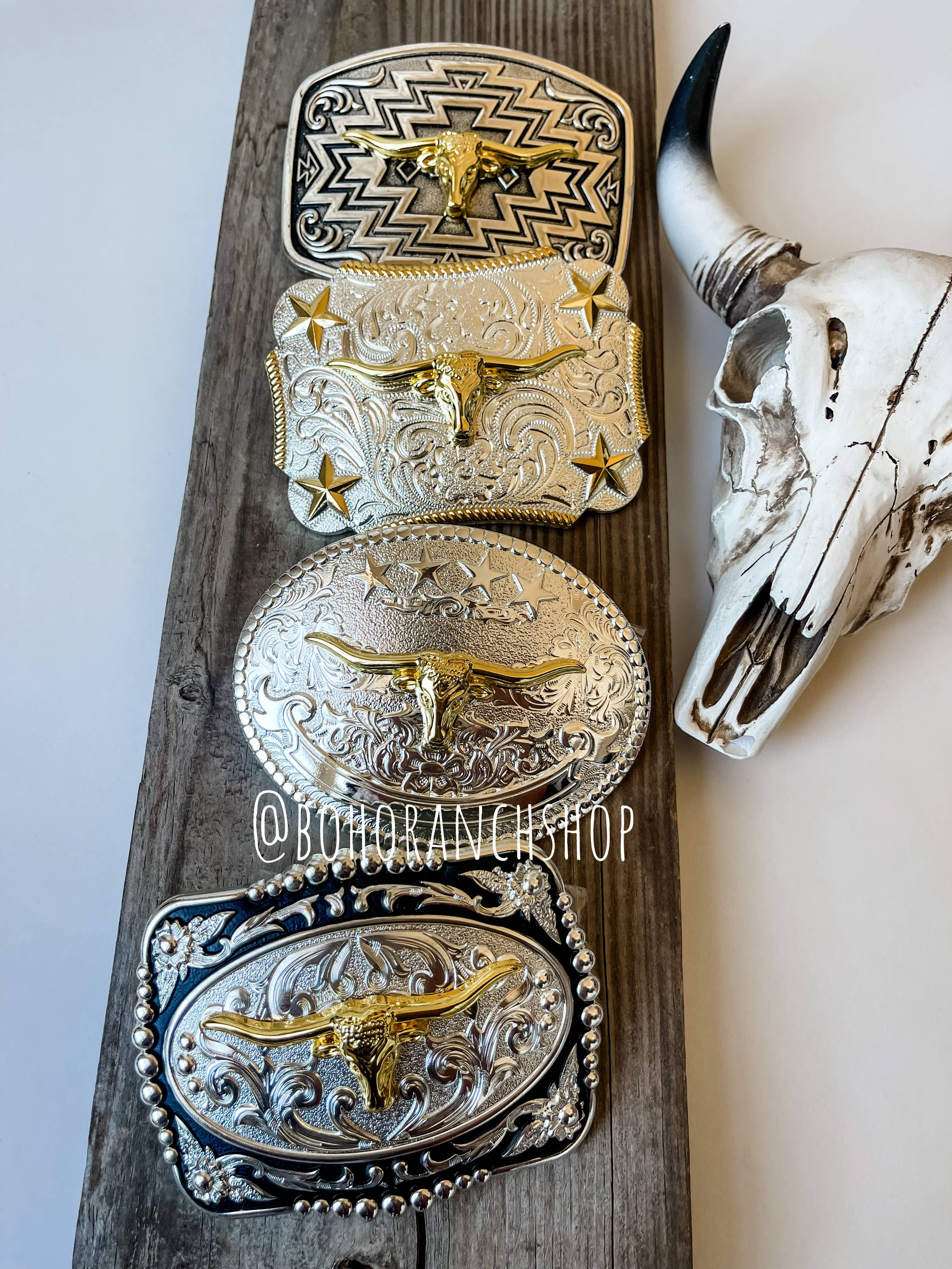 Boho Ranch Shop - Western Longhorn Belt Buckle  Silver - Rose Gold - Gold