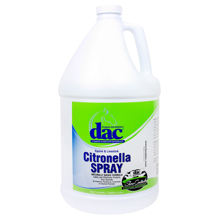 A gallon refill bottle labeled 'dac Equine & Livestock Citronella Spray' with green accents and information about the product.