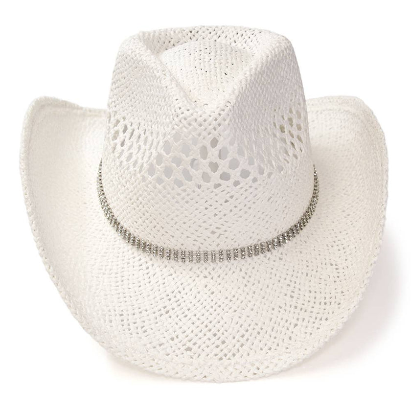 WE White Straw Western Hat w/ Rhinestone Band