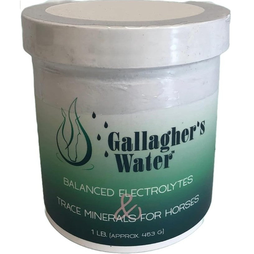 Container of Gallagher's Water for horses with a white lid and green label.