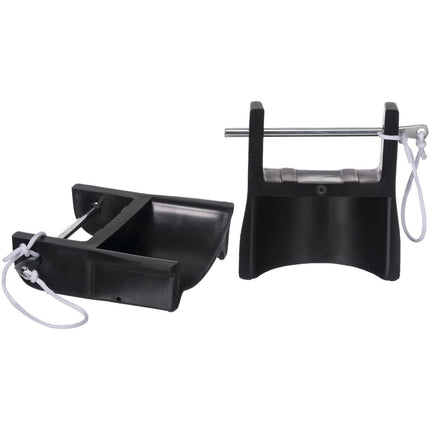 A pair of black Equitare polymer jump cups with metal pins and rope attachments for height adjustment.