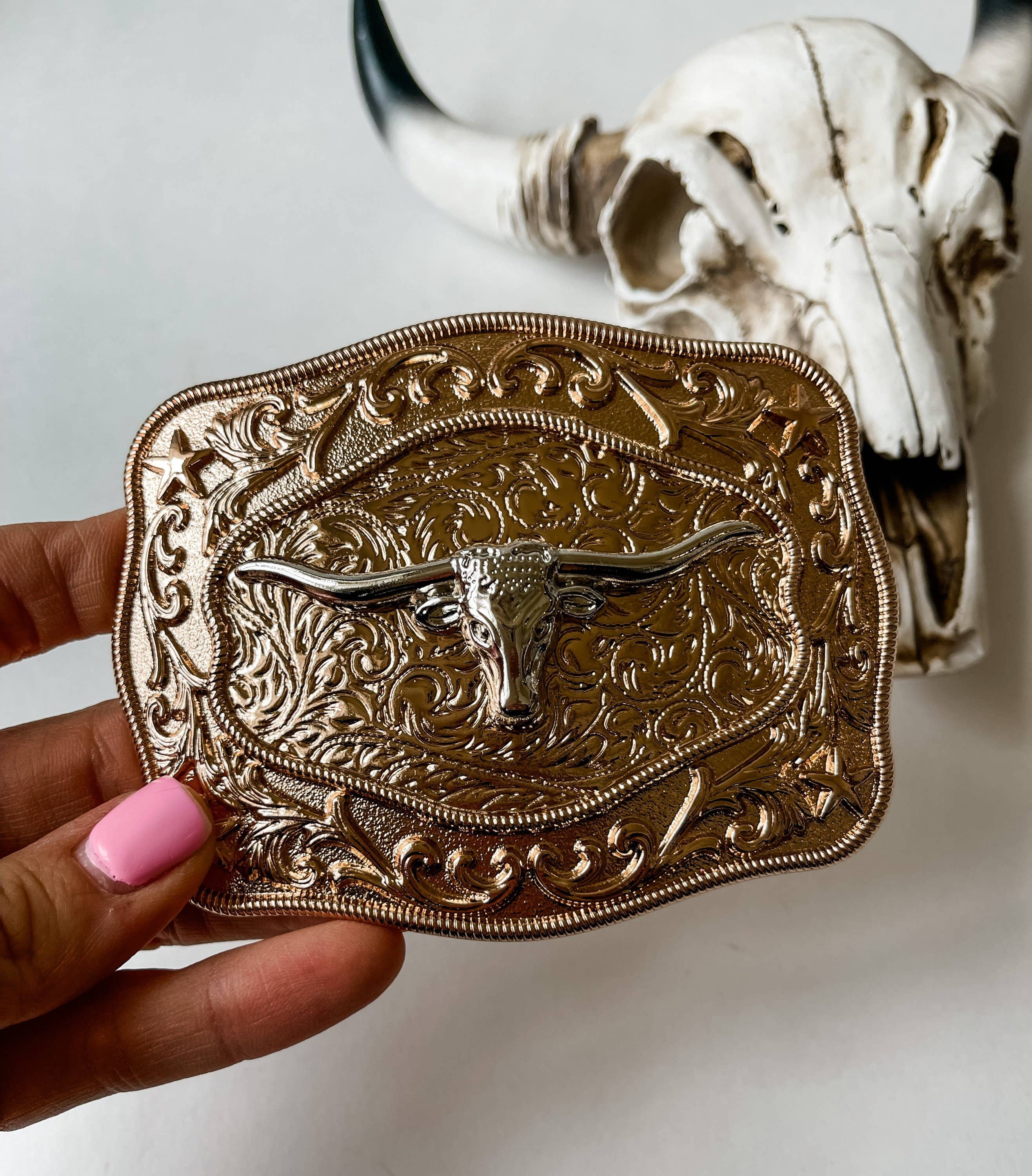 Boho Ranch Shop - Western Longhorn Belt Buckle  Silver - Rose Gold - Gold