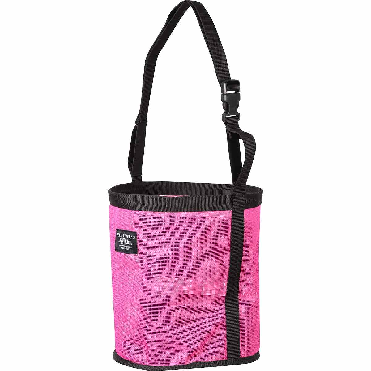 Pink mesh Cashel Feed Rite Bag with black straps.