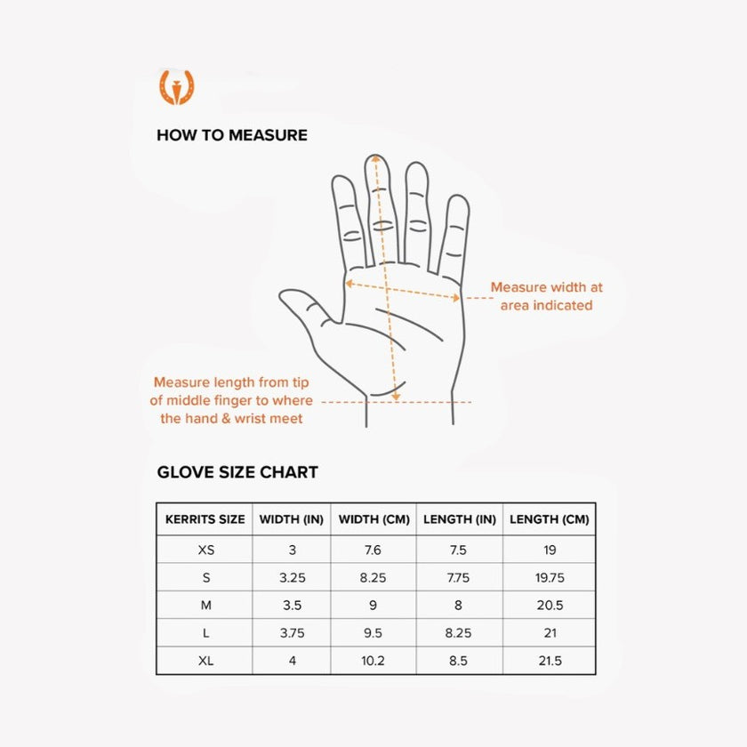 Chart and guide on how to measure Kerrits Mesh Summer Riding gloves