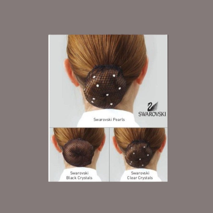 Showquest Swarovski Bun Nets in three  types: with pearls, Black Crystals, or Clear crystals.