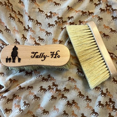 HorseHairz Equestrian hardwood medium stiff Brush with writing Tally-Ho and horse and dogs image