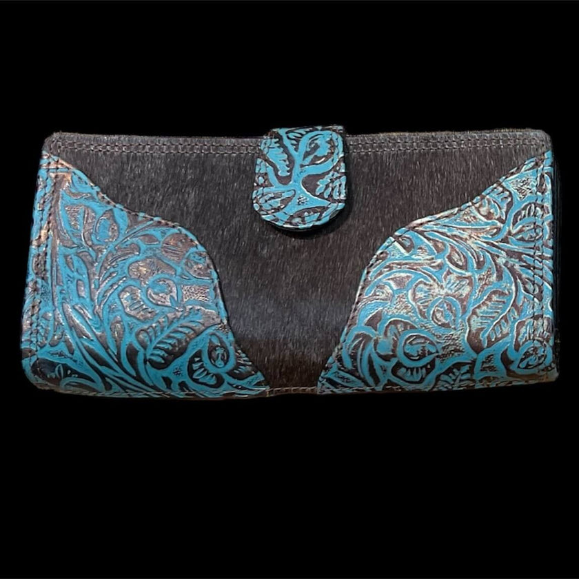 HorseHairz Equestrian Hand Tooled Leather and Cowhide Wallet Turquoise embossed.