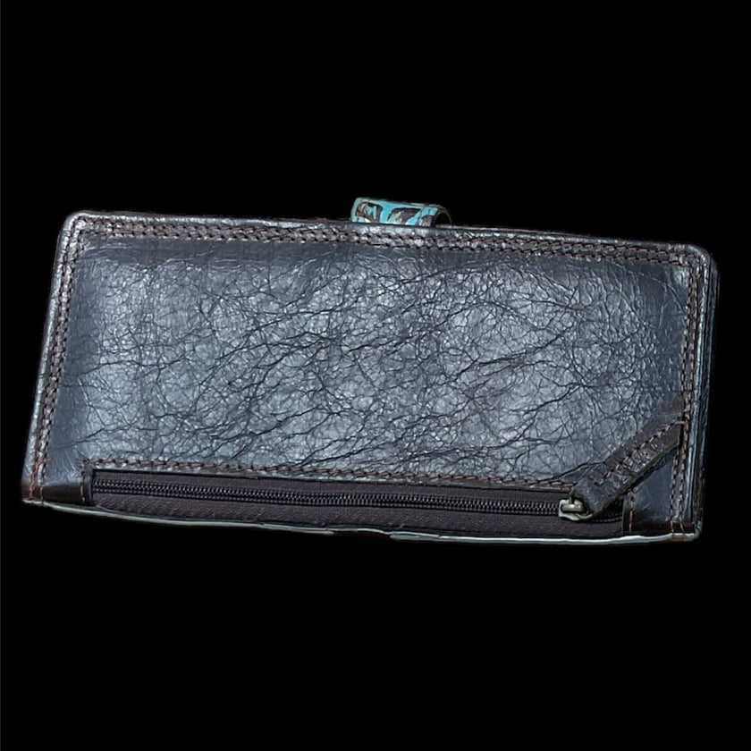 HorseHairz Equestrian Hand Tooled Leather and Cowhide Wallet light blue back view.