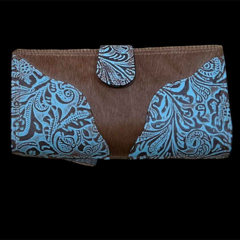 HorseHairz Equestrian Hand Tooled Leather and Cowhide Wallet light blue front.