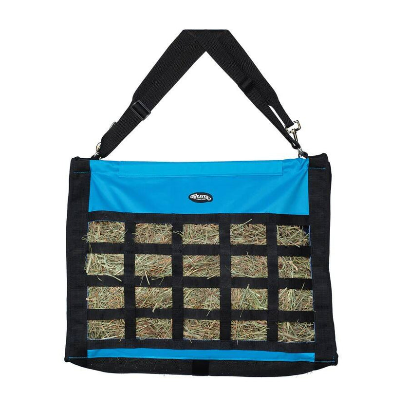 Weaver Slow Feed Hay Bag with black straps and hurricane blue top section on a white background