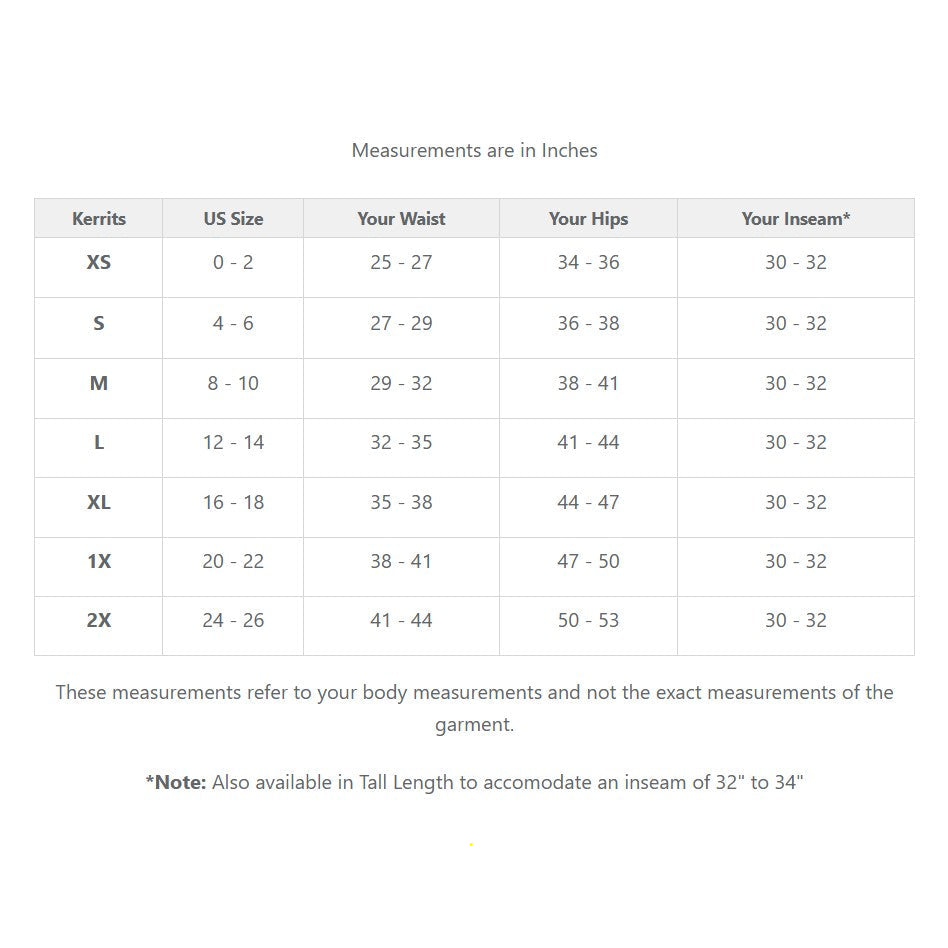 Table / Size guide for Kerrits boot cut Regular length tight.