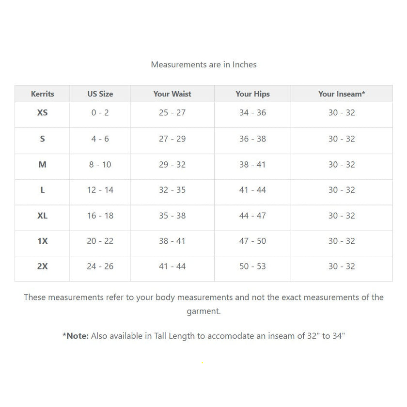 Table / Size guide for Kerrits boot cut Regular length tight.