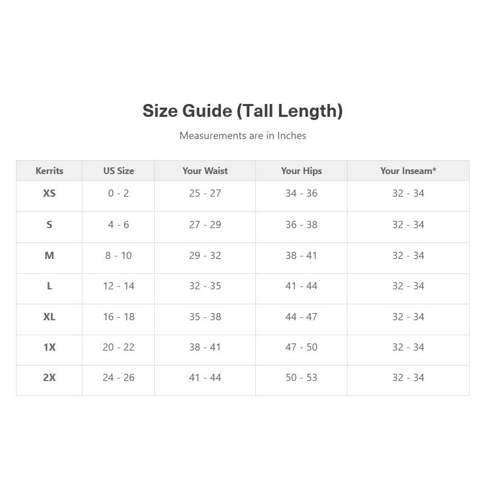 Table / Size Guide measurements for Tall length Kerrits boot cut tights.