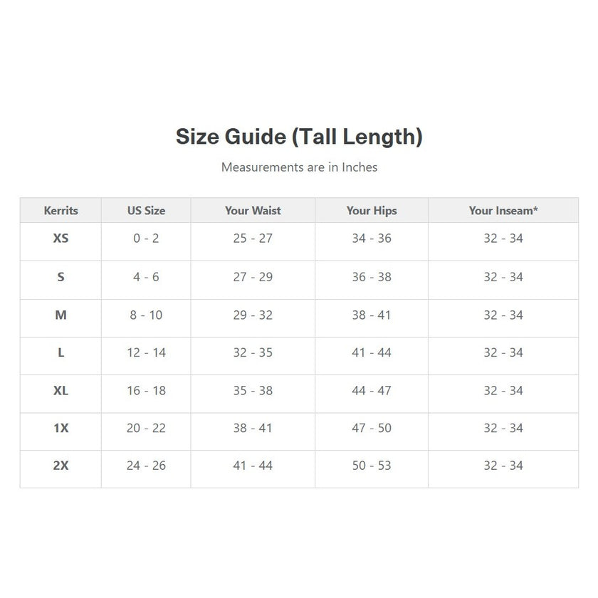 Table / Size Guide measurements for Tall length Kerrits boot cut tights.