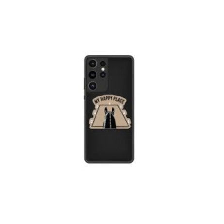 Phone case with a cat illustration and 'My Happy Place' text on a black background
