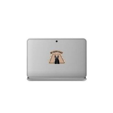 Laptop with a sticker on a white background