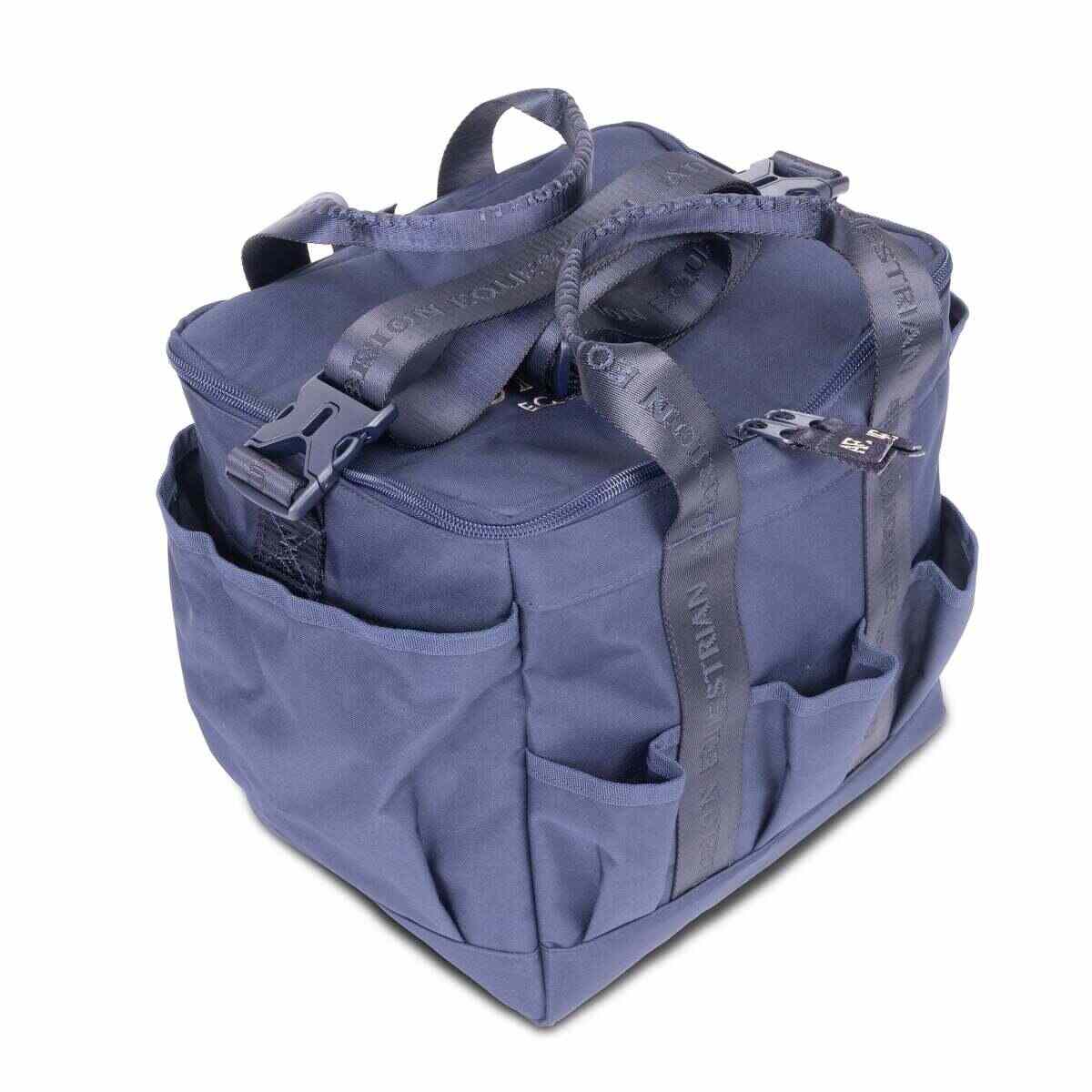 Blue Aubrion Large Grooming Kit Bag with multiple compartments and straps on a white background