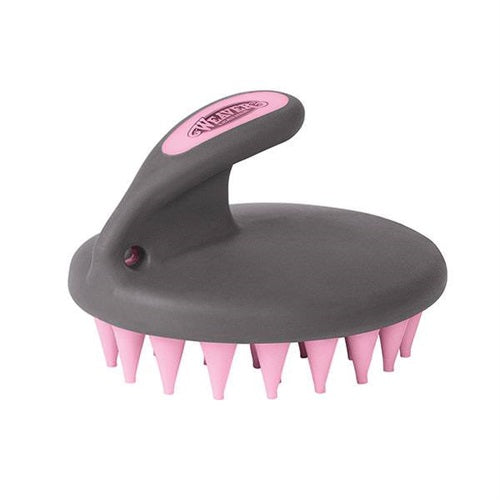 Weaver Palm Held Coarse Curry with Large Rubber Bristles in pink and gray