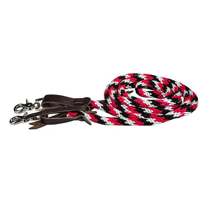 Tabelo® Round Poly Event Reins With Scissor Snaps in red, black, and white